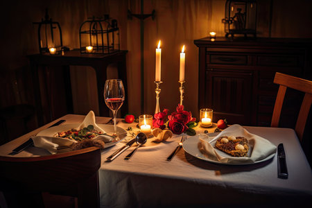 romantic candlelit dinner for two, with beautiful plates and silverware on the table, created with generative aiの素材