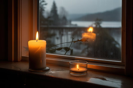 melting candle on window sill, casting warm glow onto the view outside, created with generative aiの素材