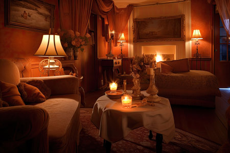 cozy room, filled with the warm glow of candlelight and surrounded by plush furnishings, created with generative aiの素材