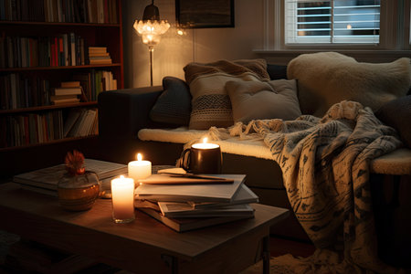 cozy living room with candlelit ambiance, books, and throw blanket, created with generative aiの素材