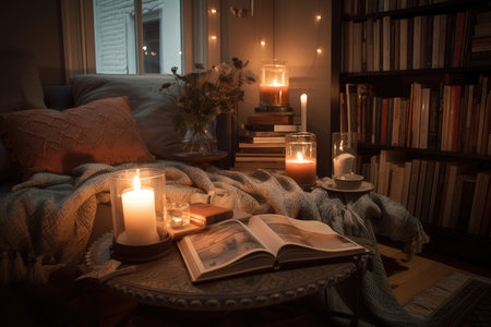 cozy living room with candlelit ambiance, books, and throw blanket, created with generative aiの素材