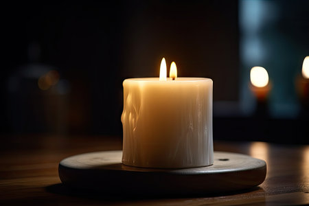 close-up of white candle with crackling flame, casting warm and inviting light, created with generative aiの素材