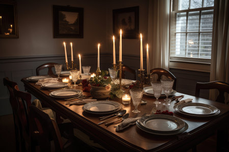 candlelit dining room with plates, glasses, and silverware set on the table, created with generative aiの素材
