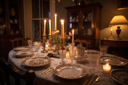candlelit dining room with plates, glasses, and silverware set on the table, created with generative aiの素材