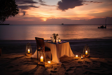 candlelit dinner for two, with view of the sunset on the beach, created with generative aiの素材