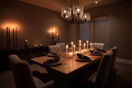 modern dining room, with candlelit table setting and contemporary chandelier, created with generative aiの素材