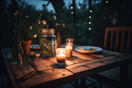 a summer evening, with the moon and stars shining above and a flickering candle on the table, created with generative aiの素材