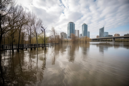 climate change-driven flooding and damage to infrastructure in major city, created with generative aiの素材