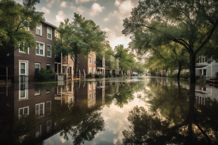 flooding in a residential neighborhood due to climate change, created with generative aiの素材
