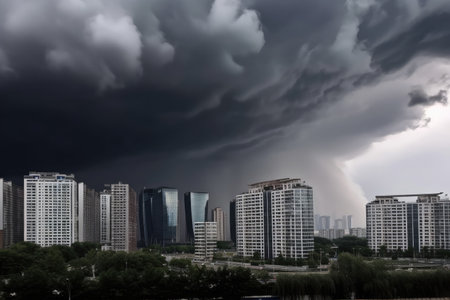 climate change bringing more severe and frequent storms to a city, with high winds and heavy rain, created with generative aiの素材