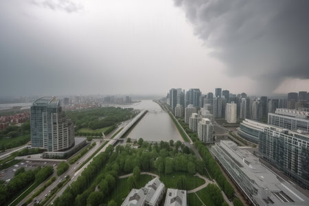storm rolls in over city, bringing with it wind and rain, created with generative aiの素材
