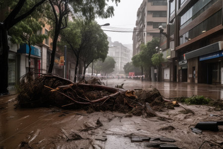 extreme weather event, with violent rainstorm and destructive winds, wreaks havoc on city, created with generative aiの素材