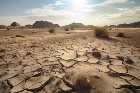 a view of a parched desert, with signs of climate change in the form of visible droughts and heat waves, created with generative aiの素材