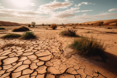 a view of a parched desert, with signs of climate change in the form of visible droughts and heat waves, created with generative aiの素材