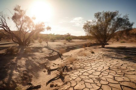dry landscape, with the sun shining and heatwaves visible, showing the impact of climate change on drought conditions, created with generative aiの素材