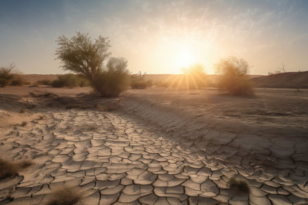 dry landscape, with the sun shining and heatwaves visible, showing the impact of climate change on drought conditions, created with generative aiの素材