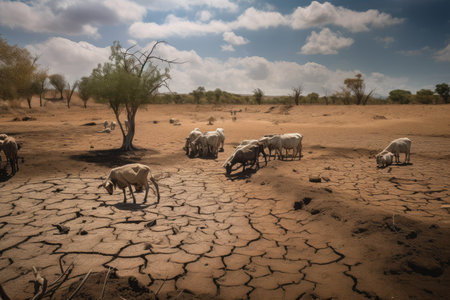 climate change impacts on agriculture, with crops failing and livestock dying, created with generative aiの素材