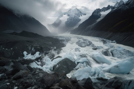 climate change has caused the melting of glaciers, with water rushing down the mountainside, created with generative aiの素材
