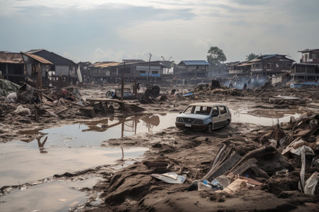 climate change-induced natural disaster, with debris and destruction visible in the aftermath, created with generative aiの素材