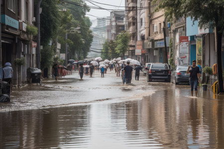 flooded street after heavy rain, with people running to safety, created with generative aiの素材