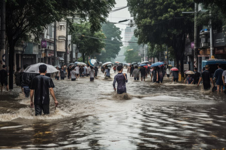 flooded street after heavy rain, with people running to safety, created with generative aiの素材