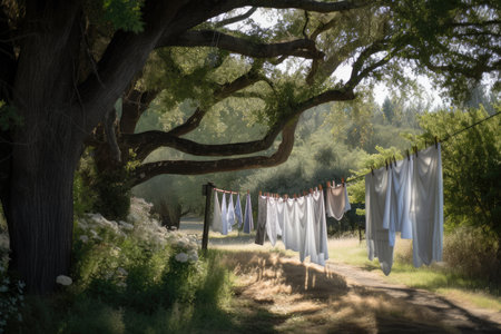 a clothesline strung between two trees, with freshly washed linens drying in the breeze, created with generative aiの素材
