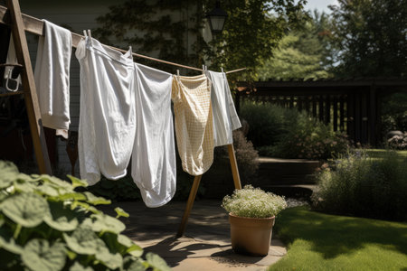 clothesline with freshly laundered towels and linens, ready for guests, created with generative aiの素材