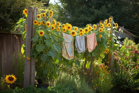 clothesline with sunflowers, bringing cheerfulness and warmth to the scene, created with generative aiの素材