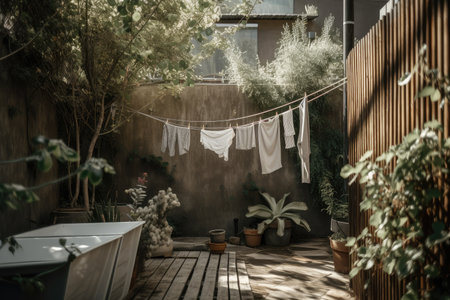 a clothesline in a modern and minimalist garden, with natural colors and textures, created with generative aiの素材