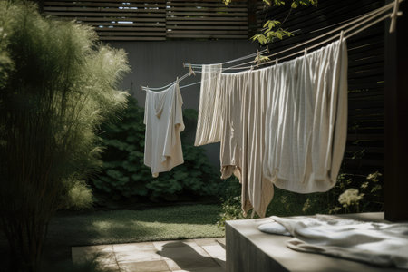 a clothesline in a modern and minimalist garden, with natural colors and textures, created with generative aiの素材