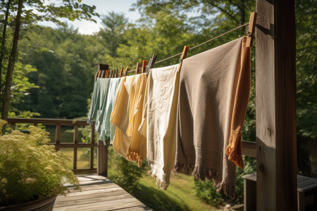 clothesline with freshly laundered linens and towels drying in the breeze, created with generative aiの素材