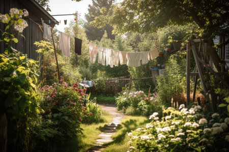 a beautiful garden with a clothesline and laundry hanging in the background, created with generative aiの素材