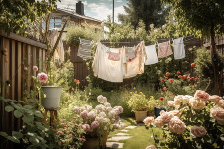 a beautiful garden with a clothesline and laundry hanging in the background, created with generative aiの素材