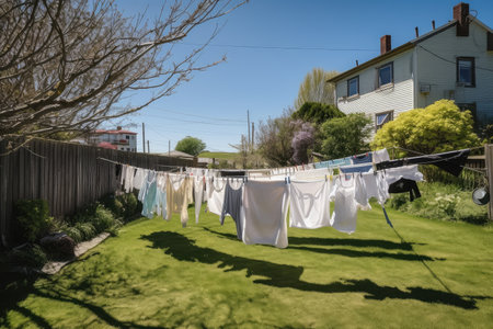 a lawn, with clotheslines and laundry on a sunny day, created with generative aiの素材