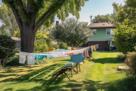 a lawn, with clotheslines and laundry on a sunny day, created with generative aiの素材