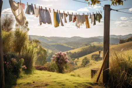clothesline with freshly hung laundry and view of scenic landscape, created with generative aiの素材