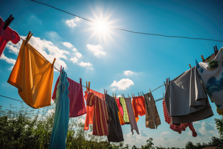clothesline with colorful, freshly laundered clothing against blue sky, created with generative aiの素材