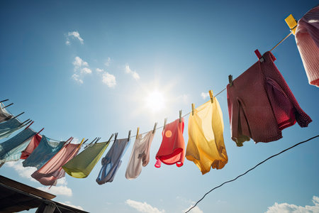 clothesline with colorful, freshly laundered clothing against blue sky, created with generative aiの素材
