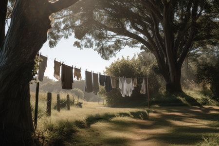 clothesline strung between two trees, with freshly washed garments fluttering in the breeze, created with generative aiの素材