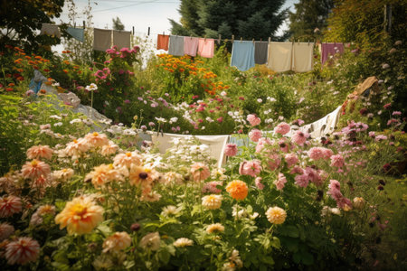 a clothesline in the middle of a flower garden with colorful blooms, created with generative aiの素材