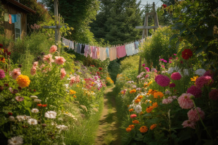 a clothesline in the middle of a flower garden with colorful blooms, created with generative aiの素材