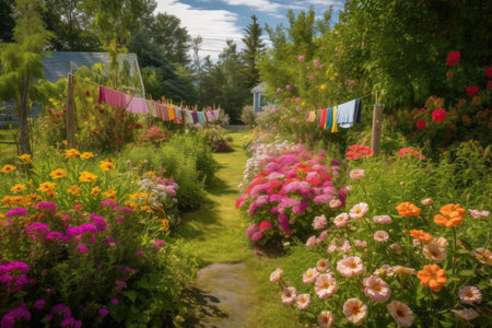 a clothesline in the middle of a flower garden with colorful blooms, created with generative aiの素材
