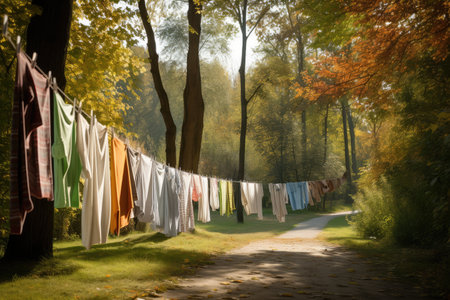 a row of clotheslines, each with freshly laundered clothing, in a park, created with generative aiの素材