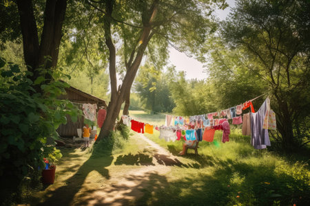 an idyllic summer day, with the sounds of children playing and birds singing in the background. a clothesline hangs between trees, with colorful clothing swaying in the breeze, created with generative aiの素材