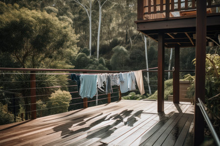 clothesline on a wooden deck with hanging laundry and swimming pool in the background, created with generative aiの素材