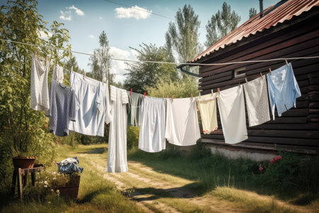clothesline with freshly washed and dried clothes, ready for warm weather, created with generative aiの素材