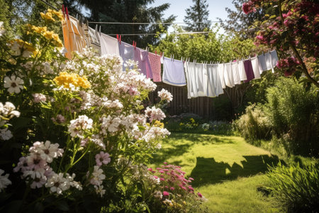 clothesline surrounded by blooming flowers in sunny backyard, created with generative aiの素材