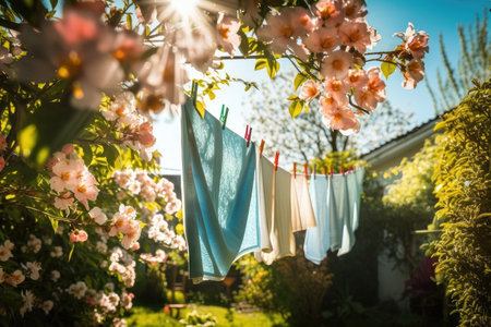 clothesline surrounded by blooming flowers in sunny backyard, created with generative aiの素材