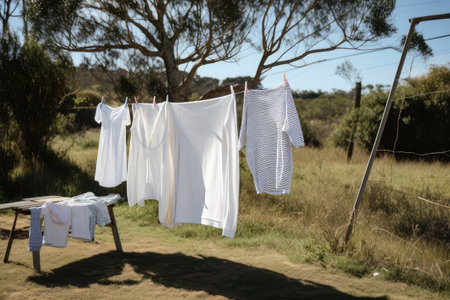 outdoor clothesline with freshly dried towels and sheets, ready for use, created with generative aiの素材
