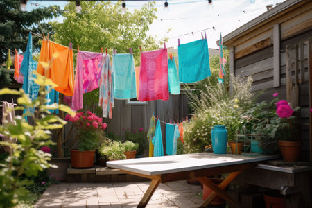 creative use of clothesline to add color and whimsy to outdoor space, created with generative aiの素材
